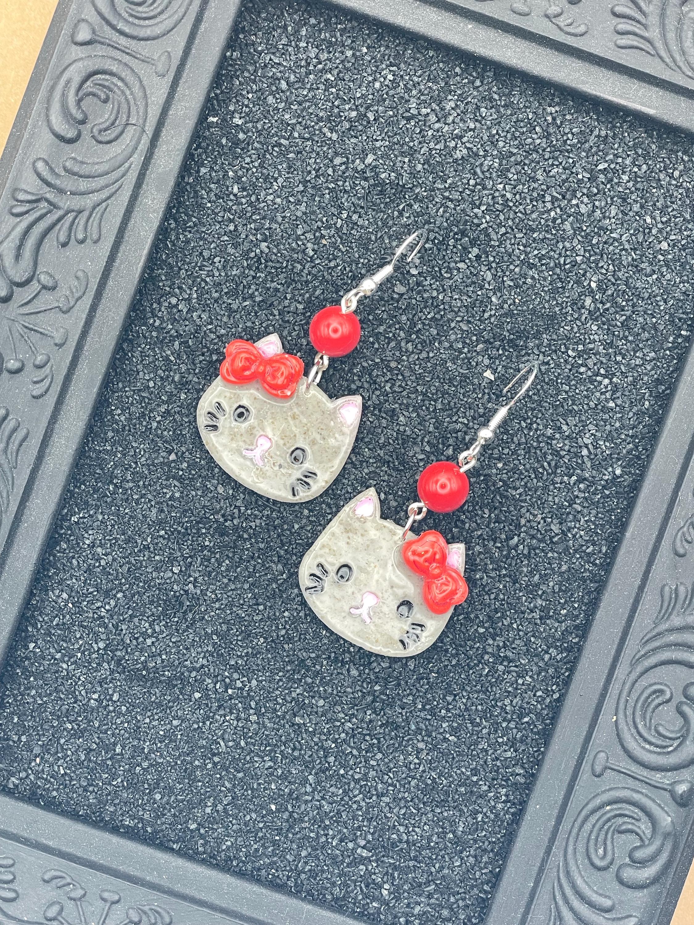 Cat Lover - Grey Cute Kitty with Red Jade Beads Earrings: Handmade Polymer Clay