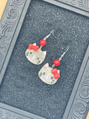 Cat Lover - Grey Cute Kitty with Red Jade Beads Earrings: Handmade Polymer Clay