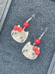 Cat Lover - Grey Cute Kitty with Red Jade Beads Earrings: Handmade Polymer Clay