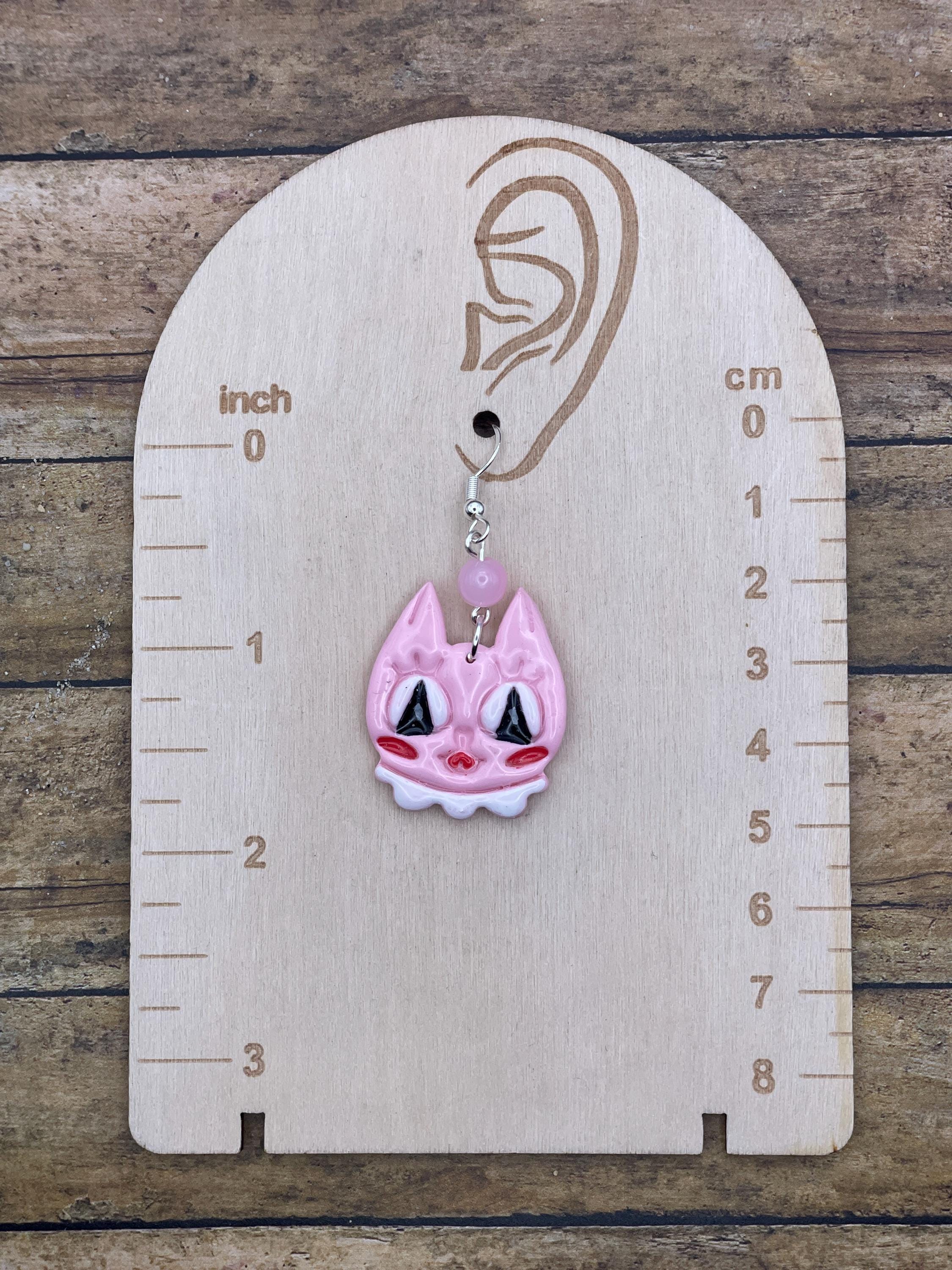 Cat Lover - Retro Kitty Cat Earrings with Rose Quartz Beads: Handmade Polymer Clay