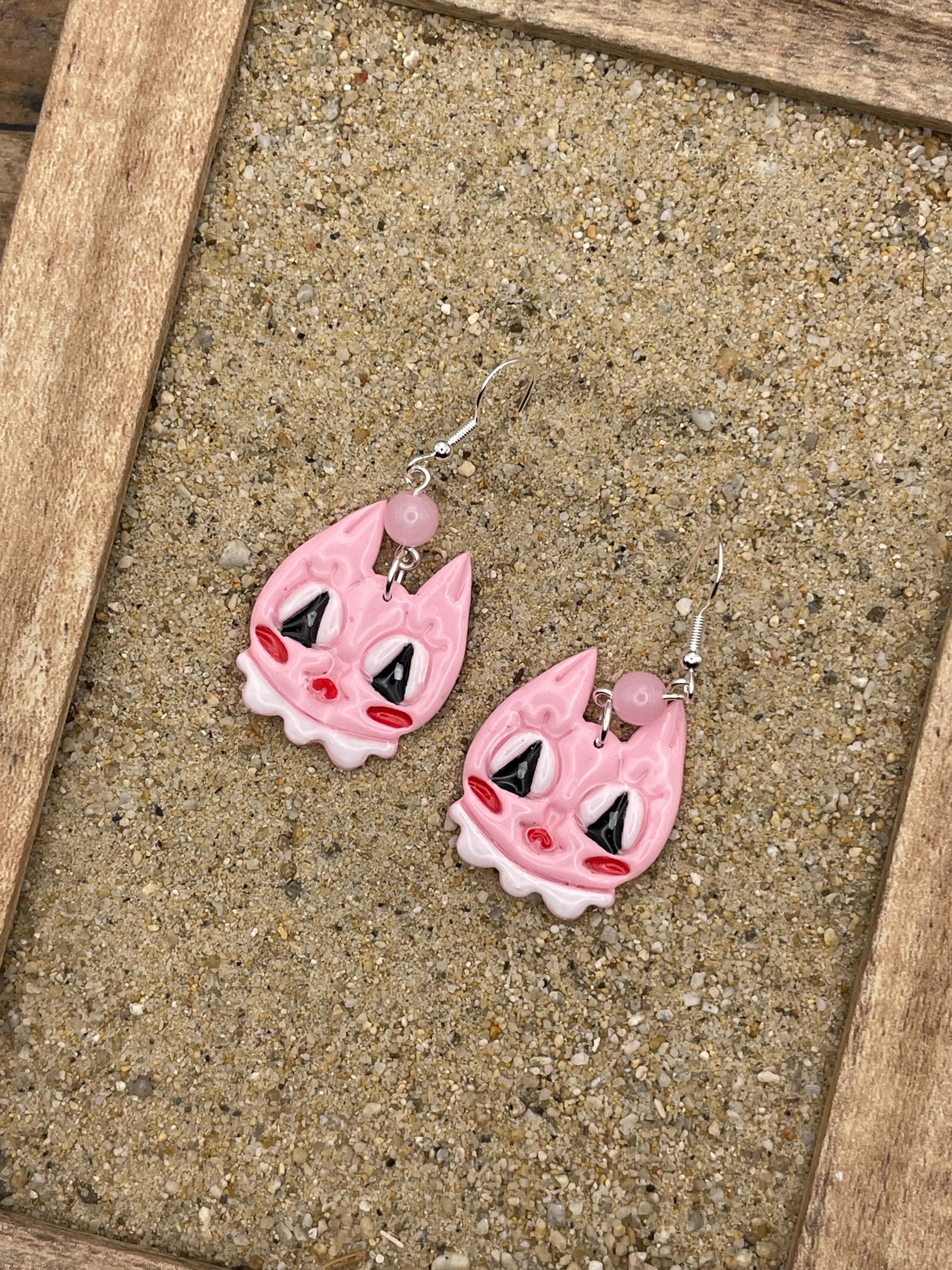 Cat Lover - Retro Kitty Cat Earrings with Rose Quartz Beads: Handmade Polymer Clay
