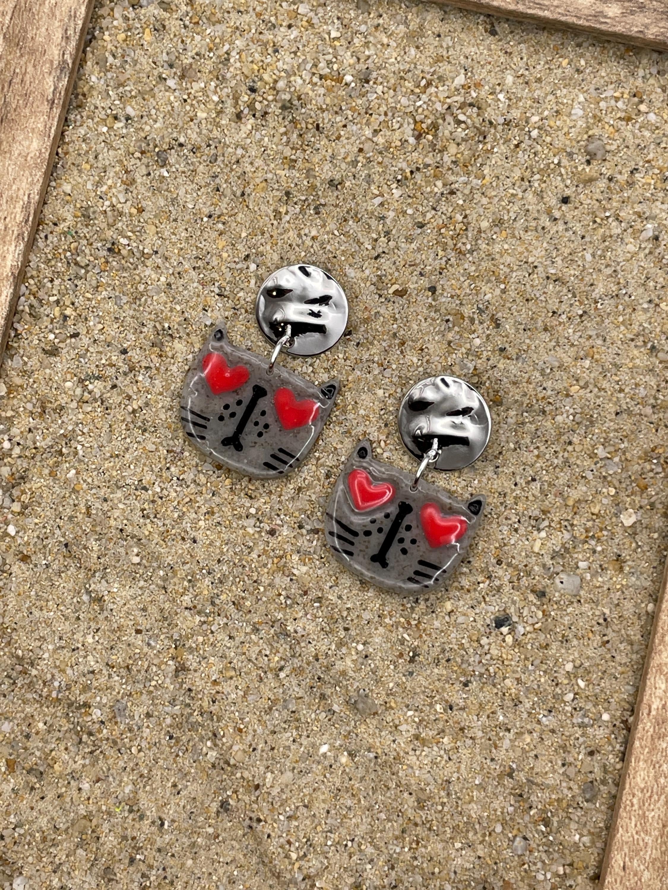 Cat Lover - Heart Eyes Earrings: Handmade Polymer Clay