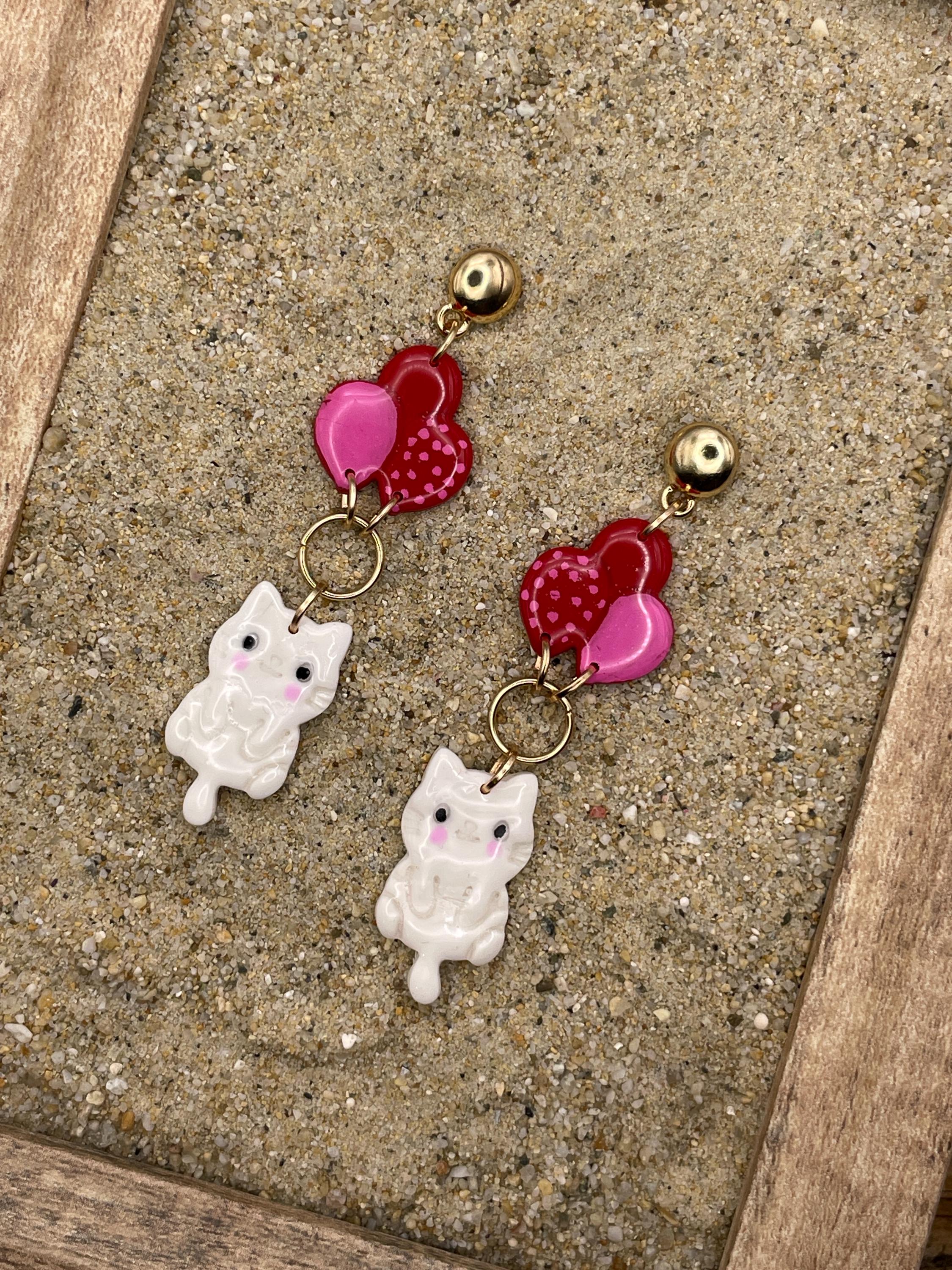 Cat Lover Earrings - Kitty Hanging from Balloons: Handmade, Hand Painted Polymer Clay