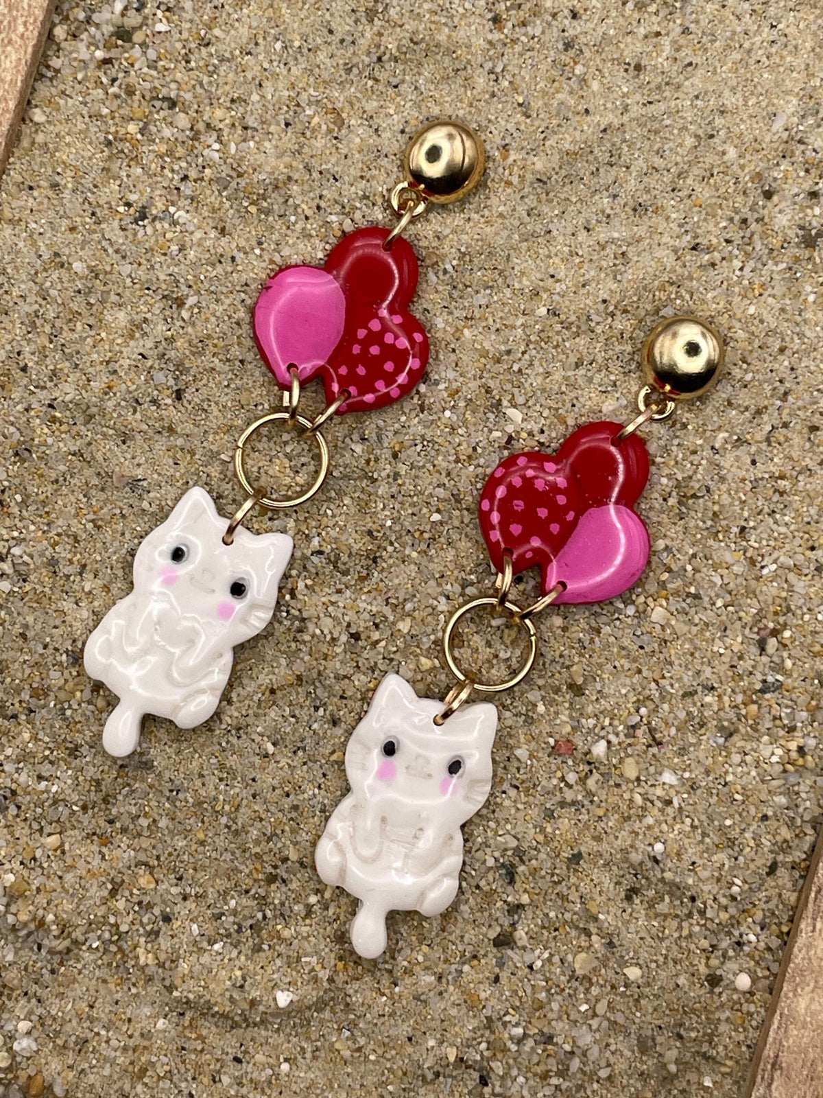 Cat Lover Earrings - Kitty Hanging from Balloons: Handmade, Hand Painted Polymer Clay