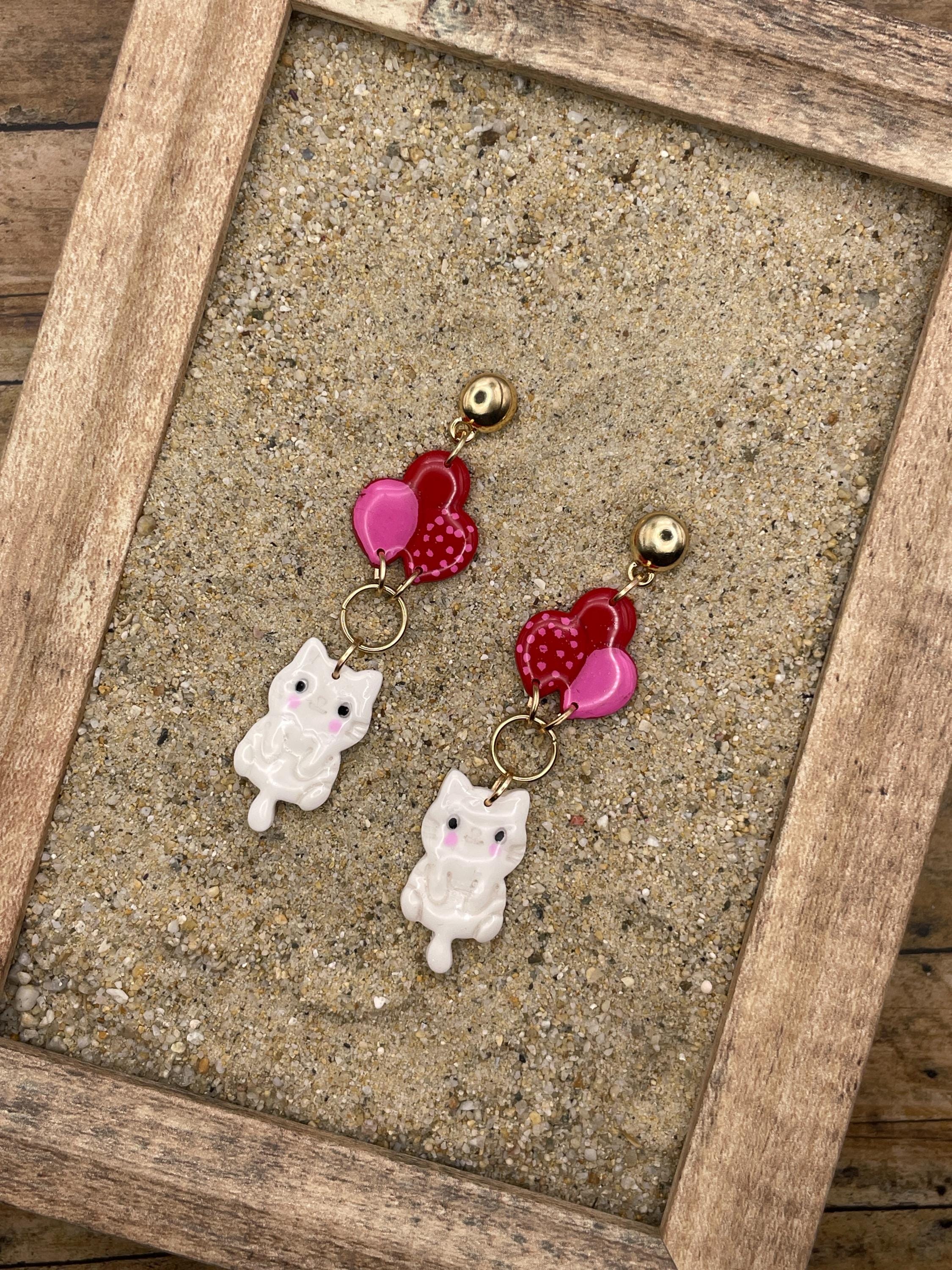 Cat Lover Earrings - Kitty Hanging from Balloons: Handmade, Hand Painted Polymer Clay