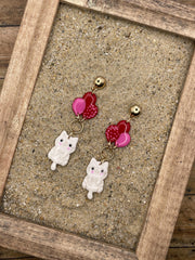 Cat Lover Earrings - Kitty Hanging from Balloons: Handmade, Hand Painted Polymer Clay